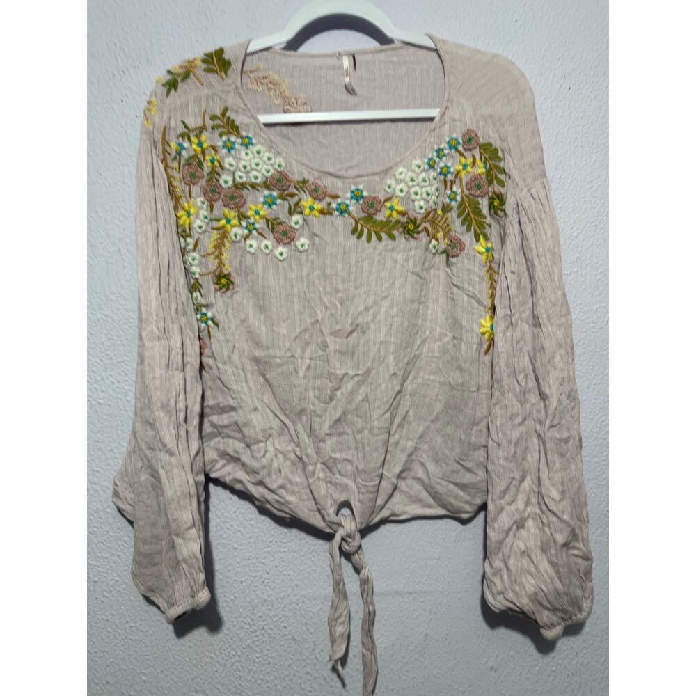 Free People Up And Away Blouse S Lavender Boho Embroidered Floral Peasant Tie